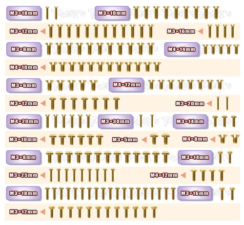 TWORKS GSS-GTXE&#039;22 Gold Plated Steel Screw Set 159pcs. ( For Xray GTXE 2022 )